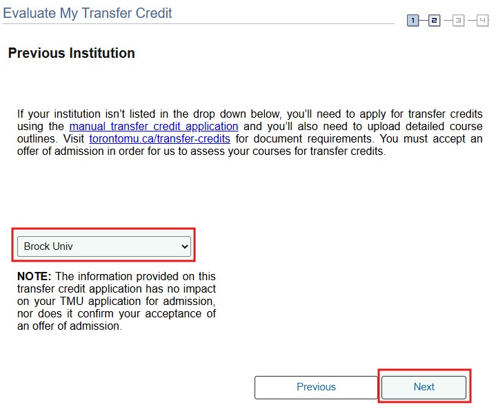 Drop-down menu on the Previous Institution page. Click Next to continue.