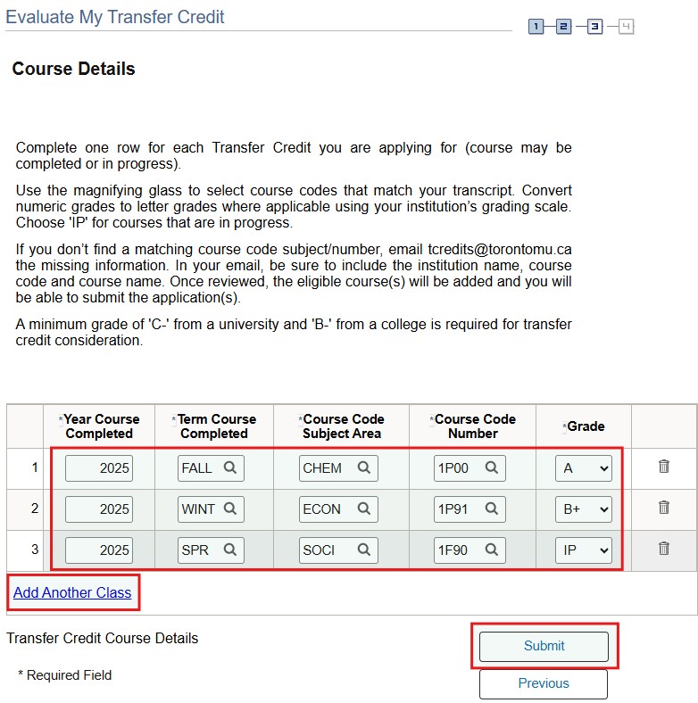 Course Details page includes a table with year and term course was completed, subject area, course number and grade. Click Add Another Class link. Click Submit when done.
