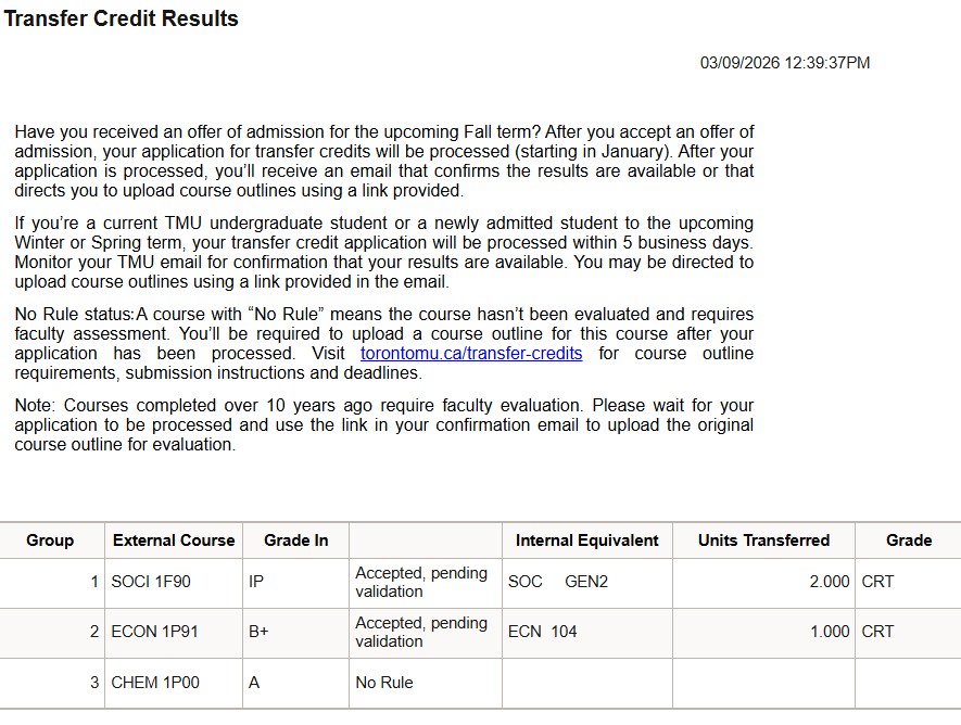 Transfer Credit Results page includes table with course codes, review status, internal equivalent, units transferred and grade.
