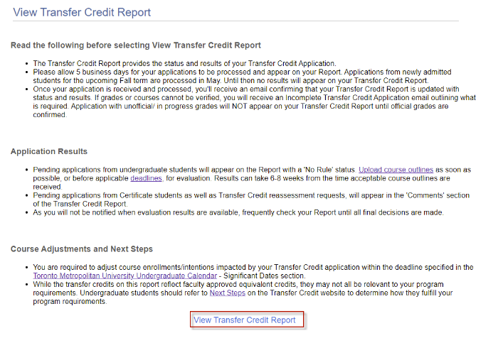 View Transfer Credit Report link highlighted within the View Transfer Credit Report page