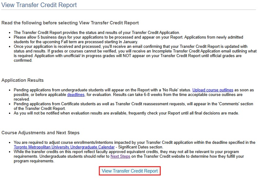 View Transfer Credit Report link highlighted within the View Transfer Credit Report page