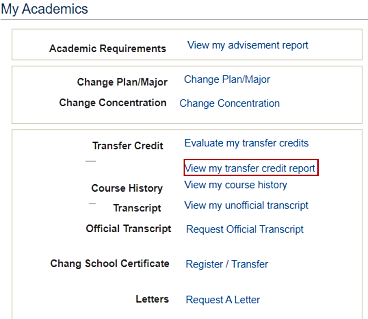 Highlighted 'View my transfer credit report' option in My Academics section