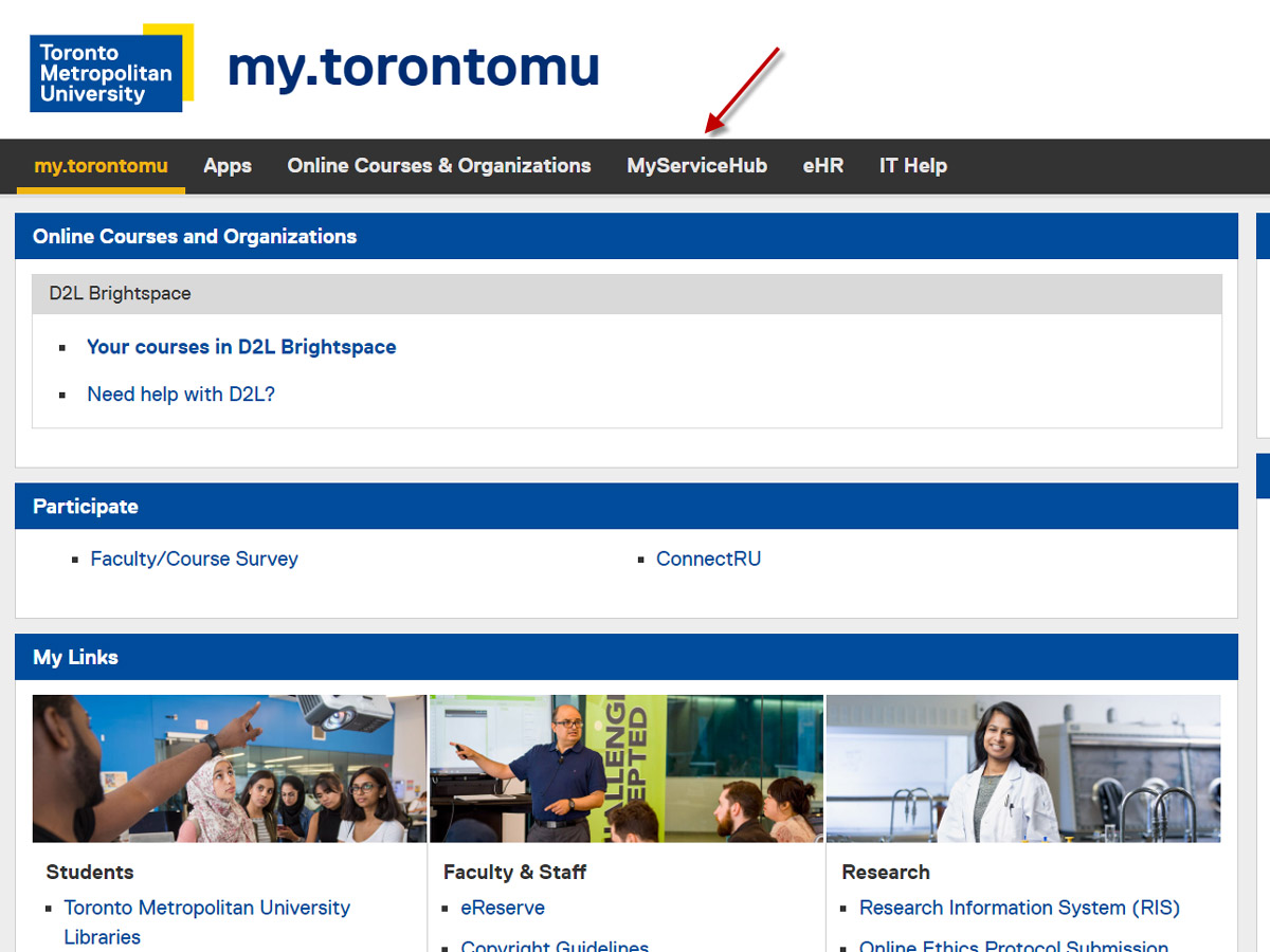 my.torontomu home screen includes a link to MyServiceHub in the top horizontal navigation.