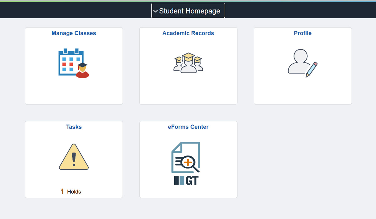 Student Homepage in MyServiceHub includes five tiles: Manage Classes, Academic Records, Profile, Task, and eForms Center