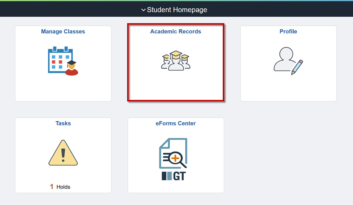 Academic Records tile selected on the MyServiceHub Student Homepage.