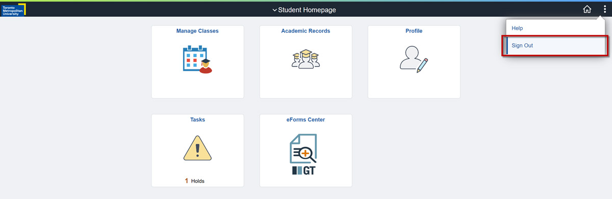 Student Homepage in MyServiceHub with Sign Out link highlighted in the top right corner of the screen.