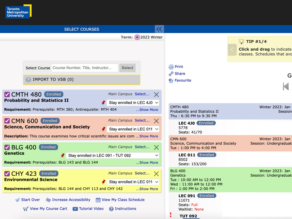 Preview of the TMU Visual Schedule Builder showing selected classes.