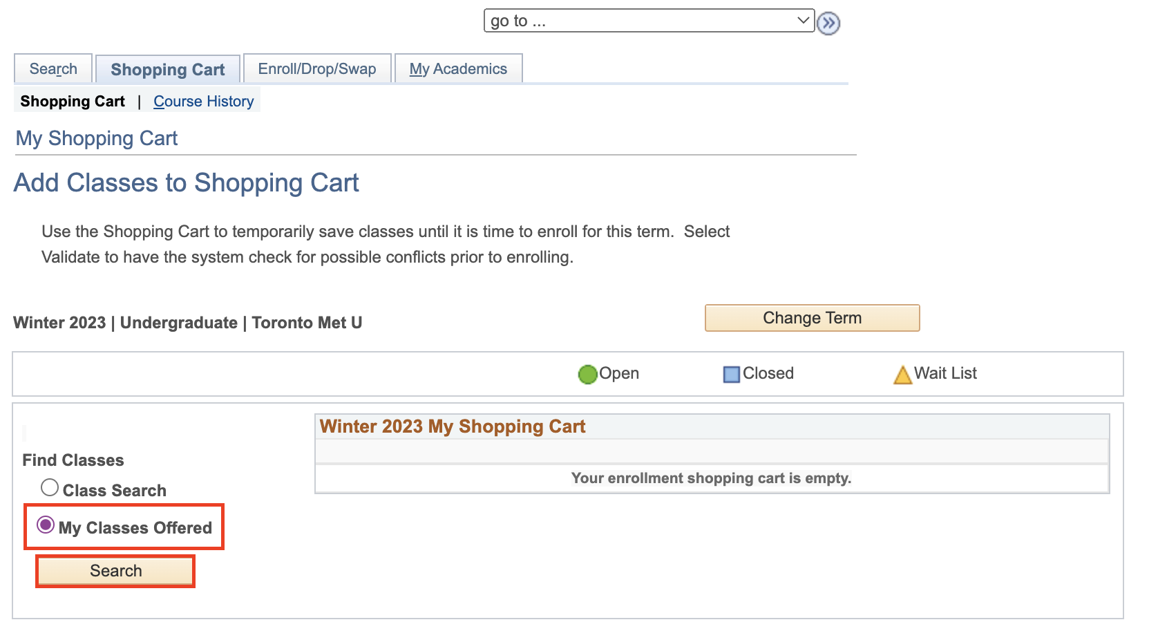 Add classes to shopping cart page with my classes offered and search button highlighted in red.