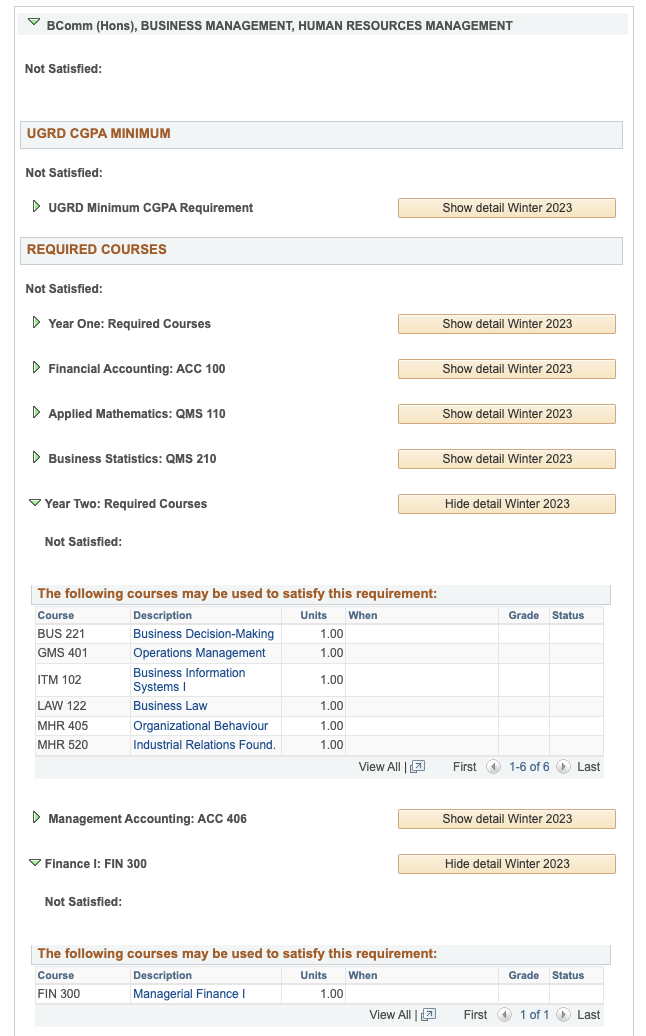 The Search by My Classes Offered page, scrolled down to display a list of courses required for your program that are offered this term. The lists are in expandable accordion sections.
