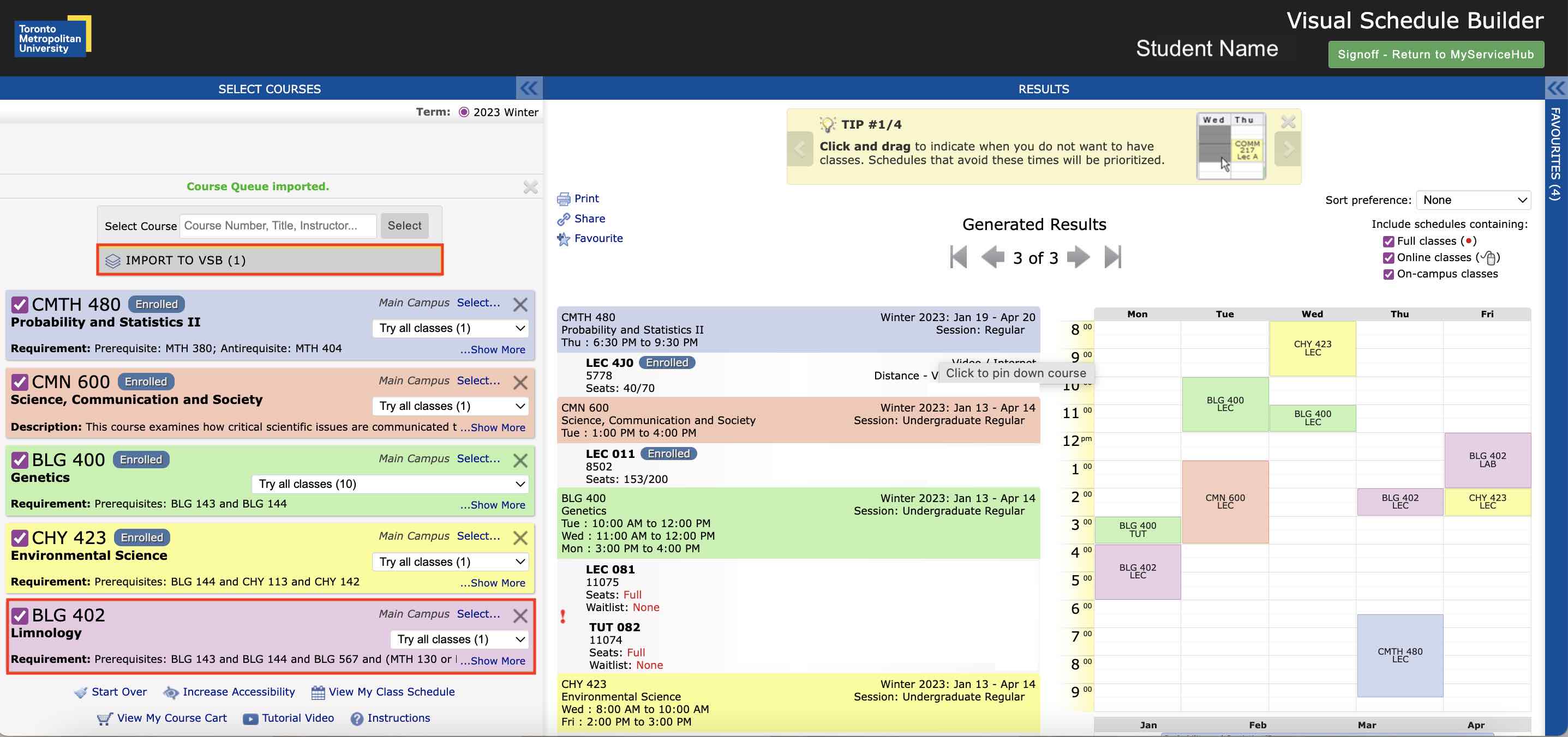The Import to VSB and a single course has been highlighted within the Visual Schedule builder.