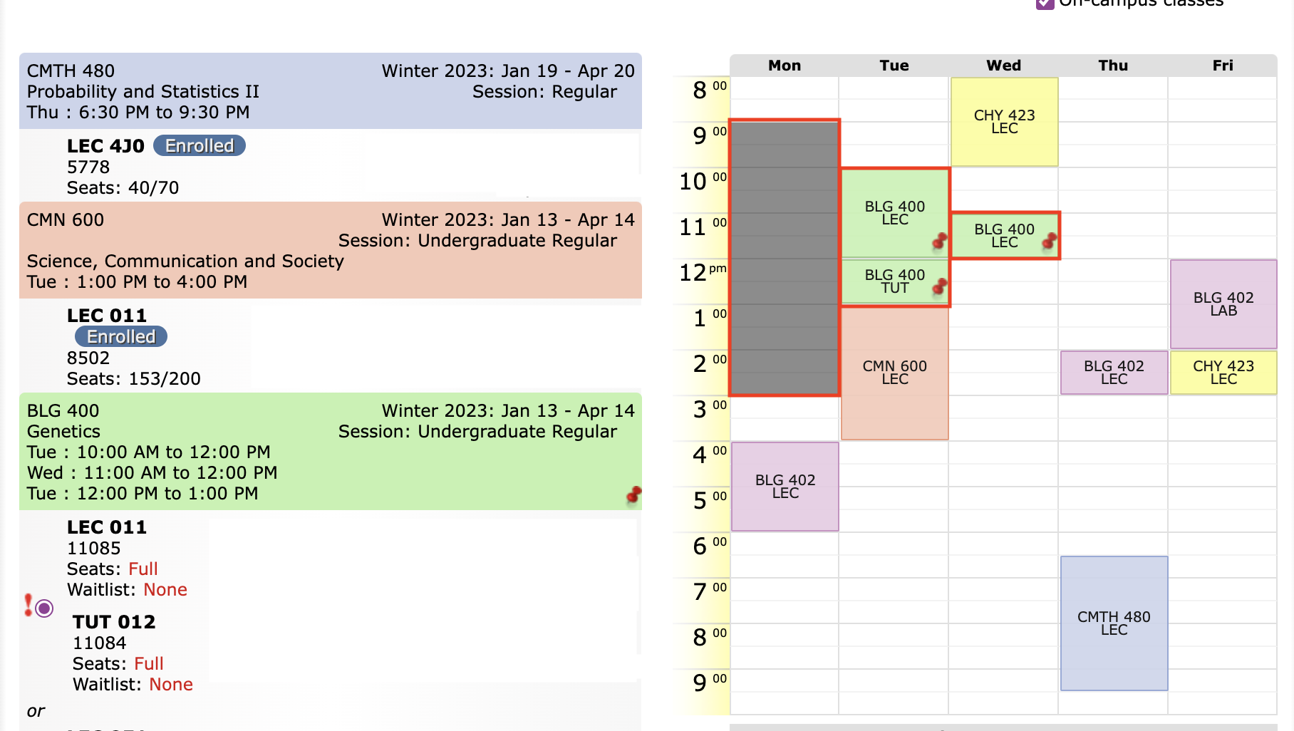 The Visual Schedule Builder. One of the three courses has been selected to be 'pinned' down, to allow the system to hold that class constant and sort through other schedule combinations for the remaining courses.