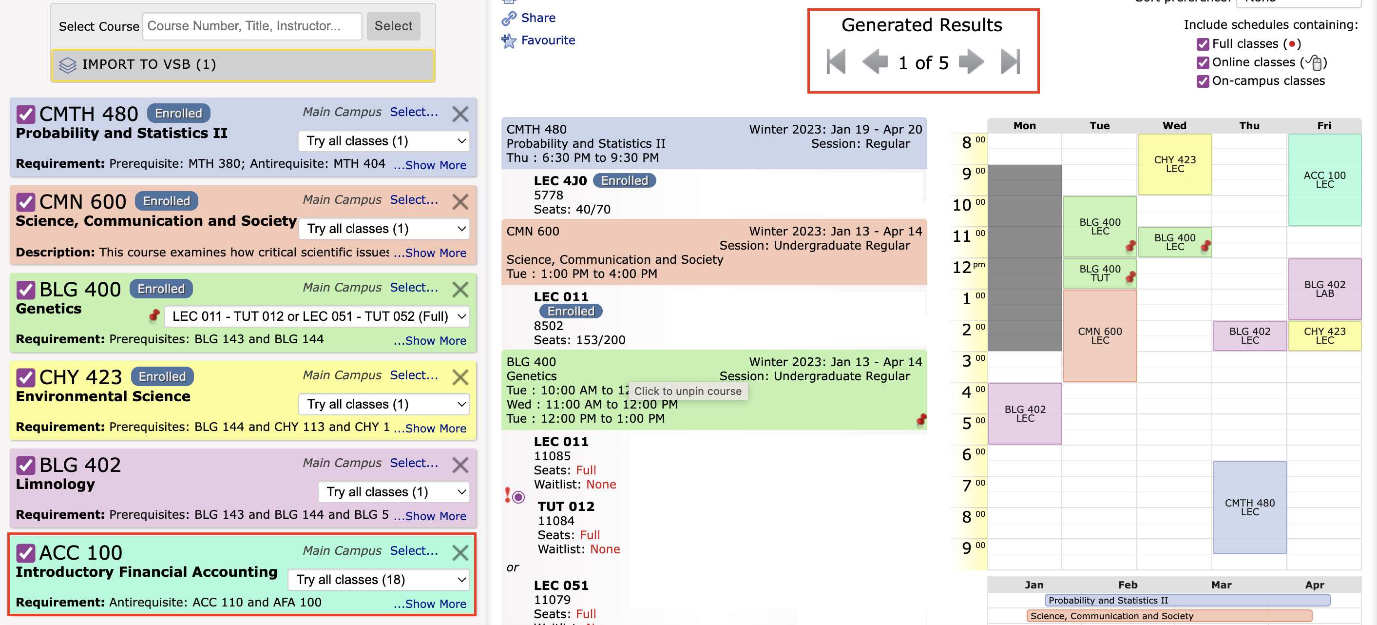 The Visual Schedule Builder with the Generated Results section highlighted.