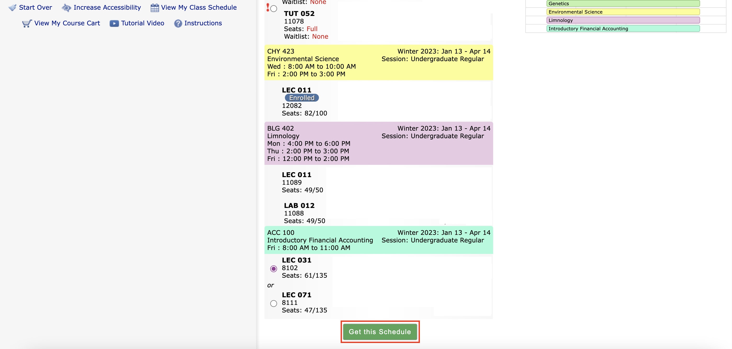 The Visual Schedule Builder with the 'Get This Schedule' button highlighted.