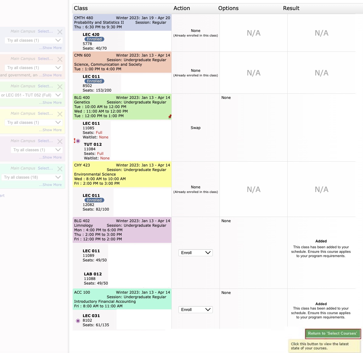 The Visual Schedule Builder with a list of selected courses.  The Return to "Select Courses" button has been highlighted.