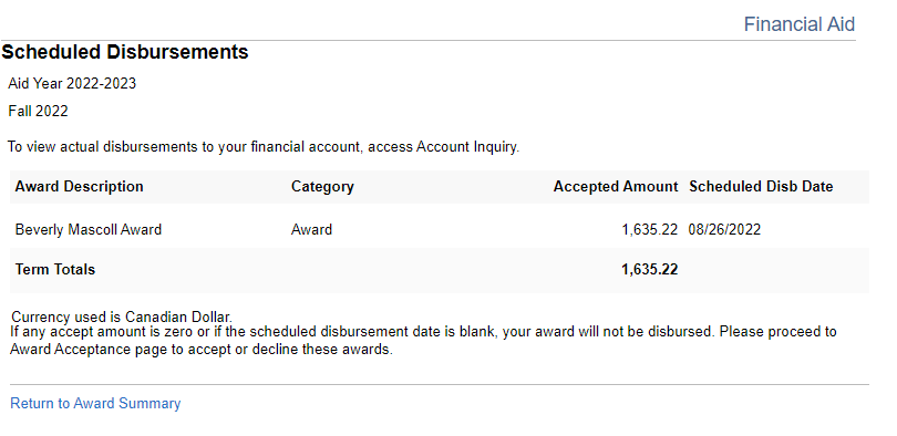 Scheduled Disbursements page showing Award Description, Category, Accepted Amount and Scheduled Disbursement Date.