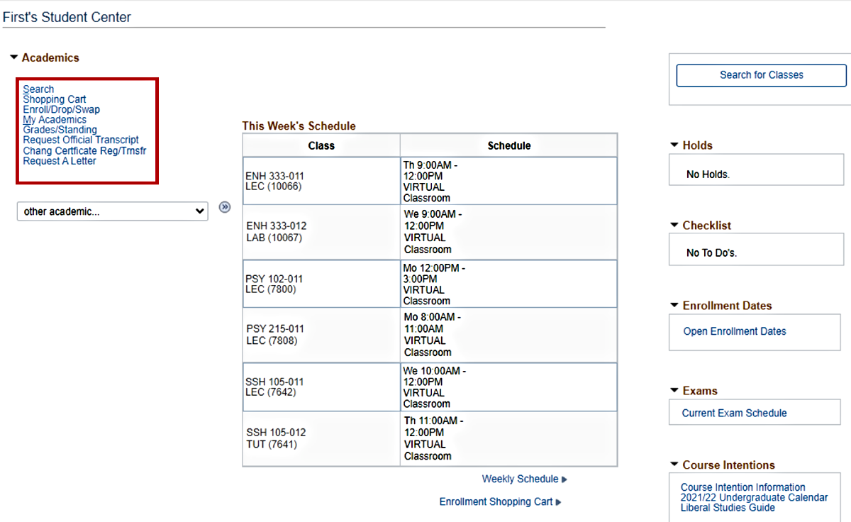 The Student Center page in RAMSS with the Academics menu highlighted in the top-left corner