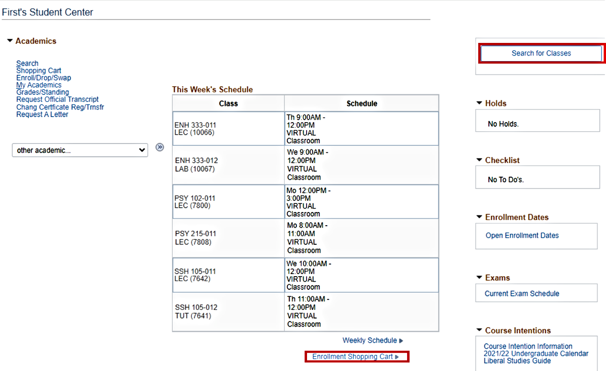 The Search for Classes button on the top-right corner, as well as the Enrollment Shopping Cart link at the bottom of the Student Center page