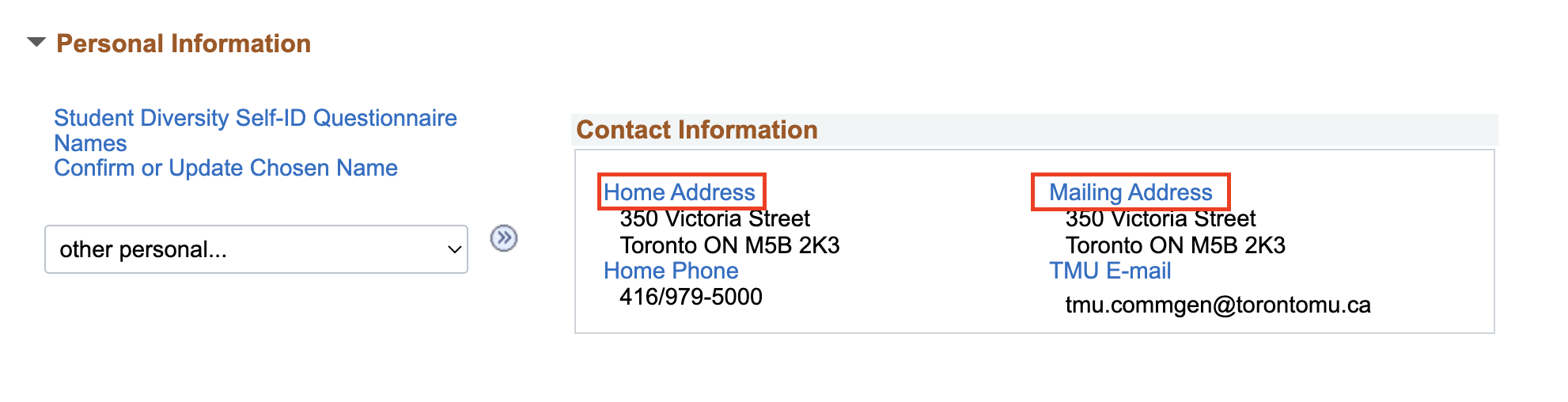 Home Address and Mailing Address quick links on Personal Information section of MyServiceHub.