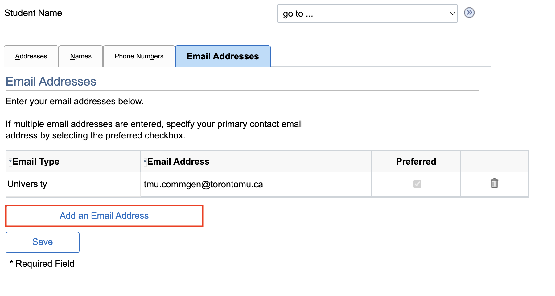 List of user's email addresses with button to Add an Email Address