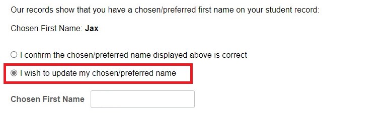 The "I wish to update my chose/preferred name" option highlighted on the Confirm or Update Chosen Name screen