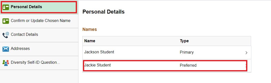 The Personal Details screen with the student's preferred name updated