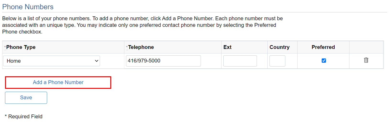 Phone Numbers page with button to Add a Phone Number