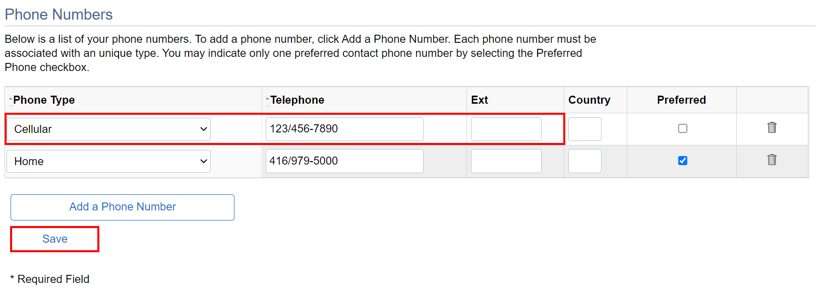 List of user's phone numbers, including phone type, number, extension and preference