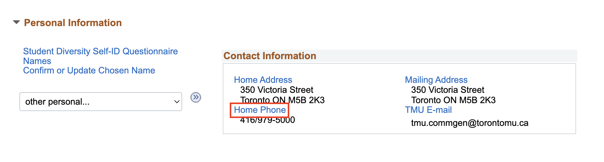 Home Phone link in Personal Information section of MyServiceHub
