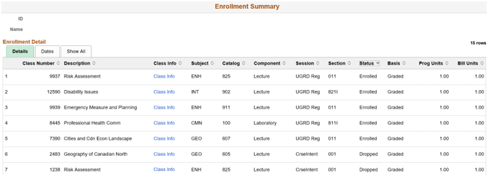 The Enrolment Summary page with enrolment history for the term selected displayed in a table format.