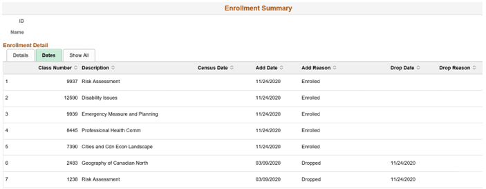 The Dates tab of the Enrolment Summary page with an enrolment timeline table.