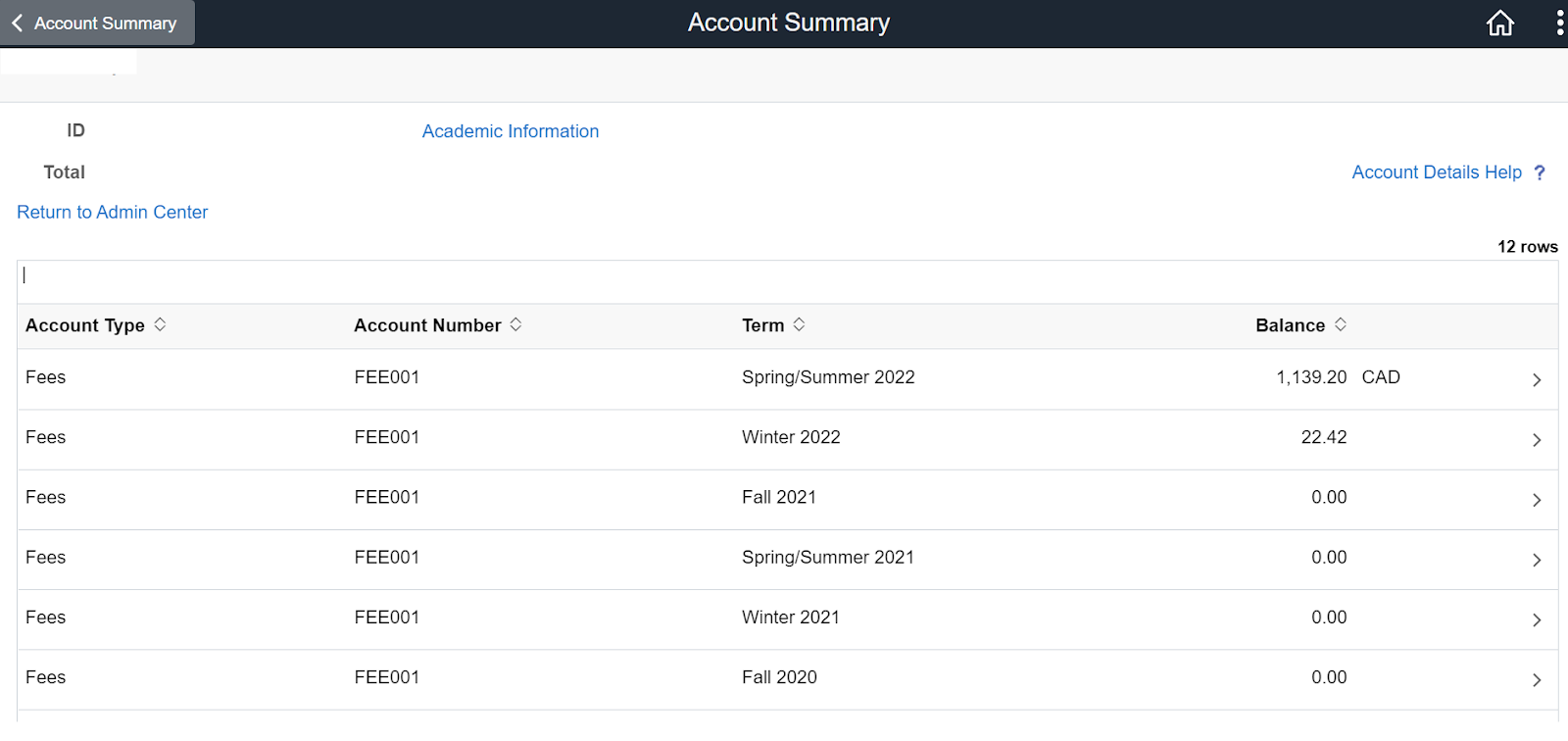 A breakdown of fees as displayed on the Account Summary page