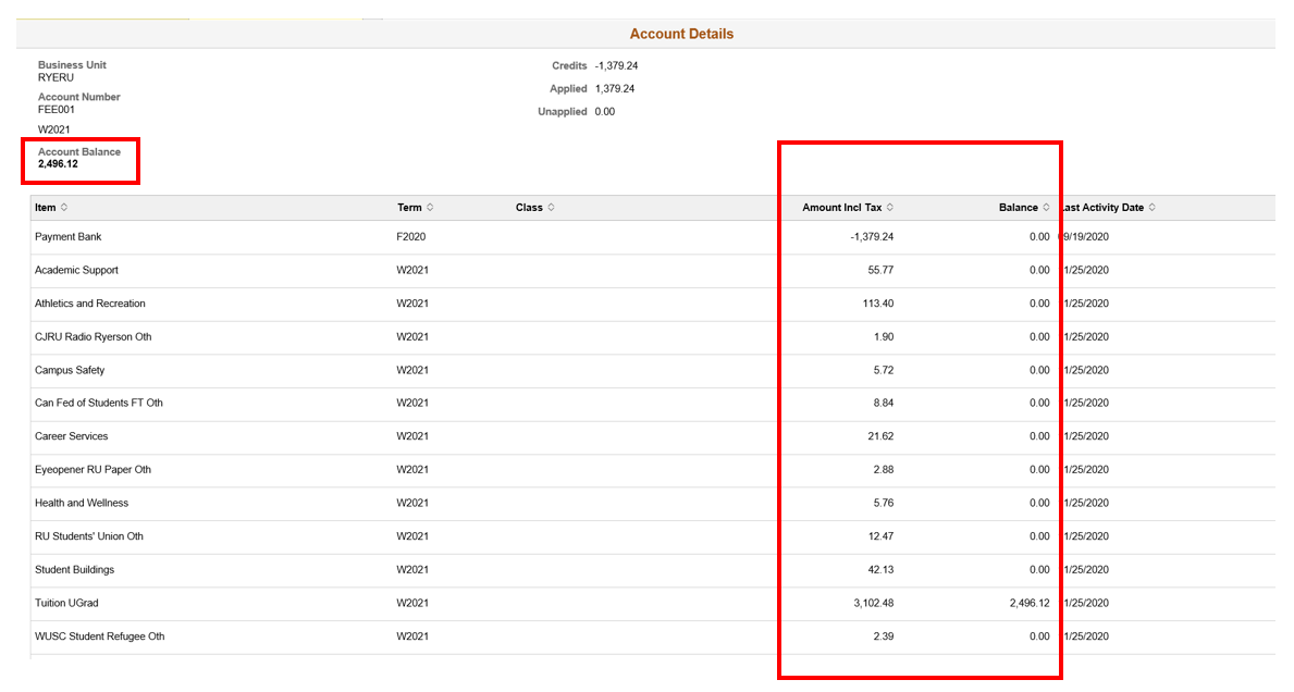 The Account Details page with the fee amounts and total amount balance sections highlighted