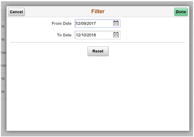 The Filter screen, with two fields to enter a From Date and a To Date displayed.