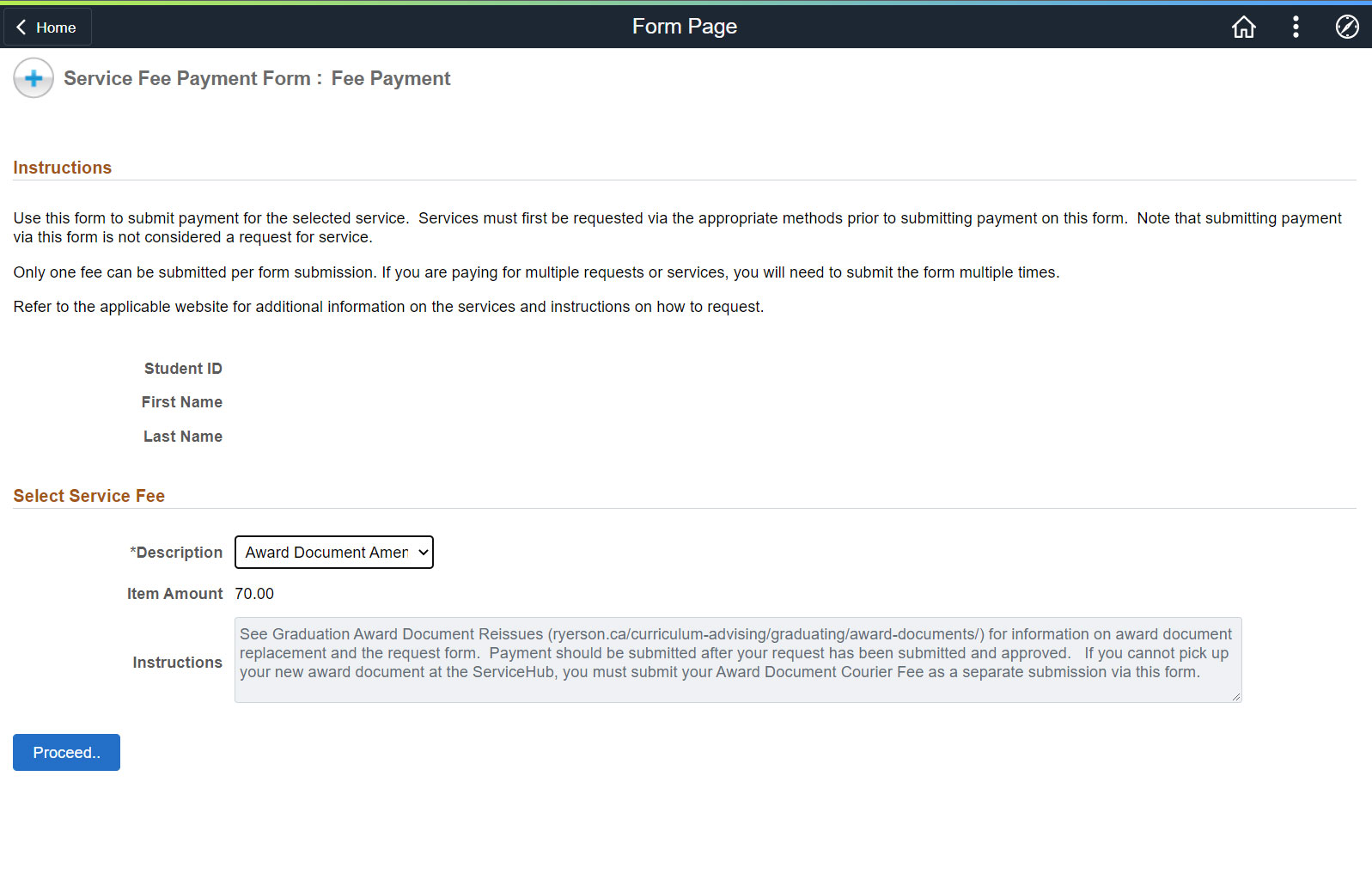 Service Fee Payment Form with completed Description, Item Amount and Insturctions sections