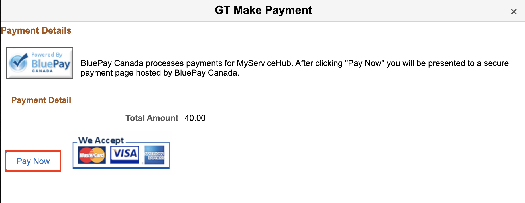GT Make Payment screen and Pay Now button.