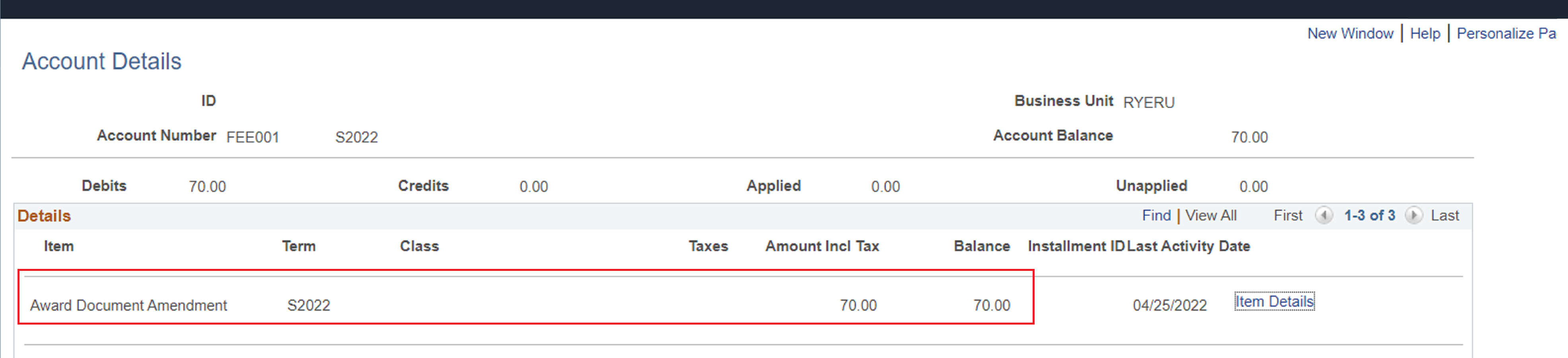 Account Inquiry section in RAMSS displaying details of a successful transaction