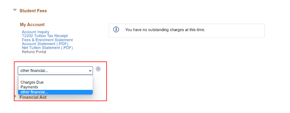 The "other financial" drop-down with MyServiceHub includes: Charges Due, Payments and Other Financial. 