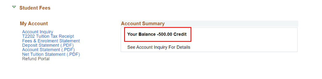 Account Summary in Student Fees section showing student's balance.
