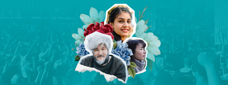 Three Asian people cut out decoupage style on a teal coloured background with flowers.