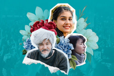 Three Asian people cut out decoupage style on a teal coloured background with flowers.