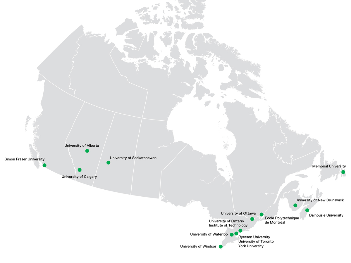 Map of Canada showing the locations of 15 university partners across Canada