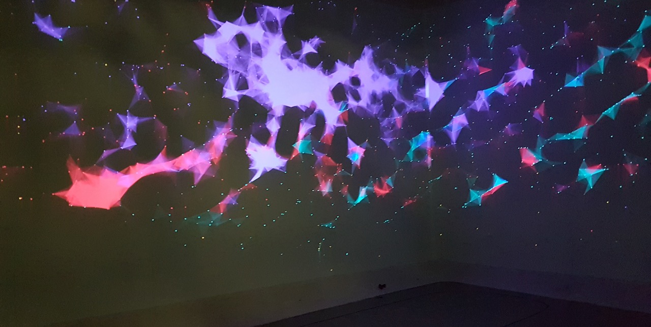 A room mapped with a night sky projection across multiple walls