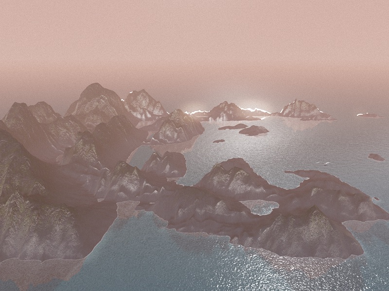 A computer generated image of mountains and water. 