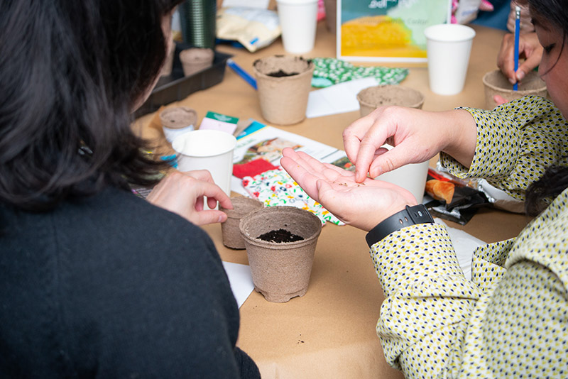 two people at a table with one putting seeds into a cup filled with dirt