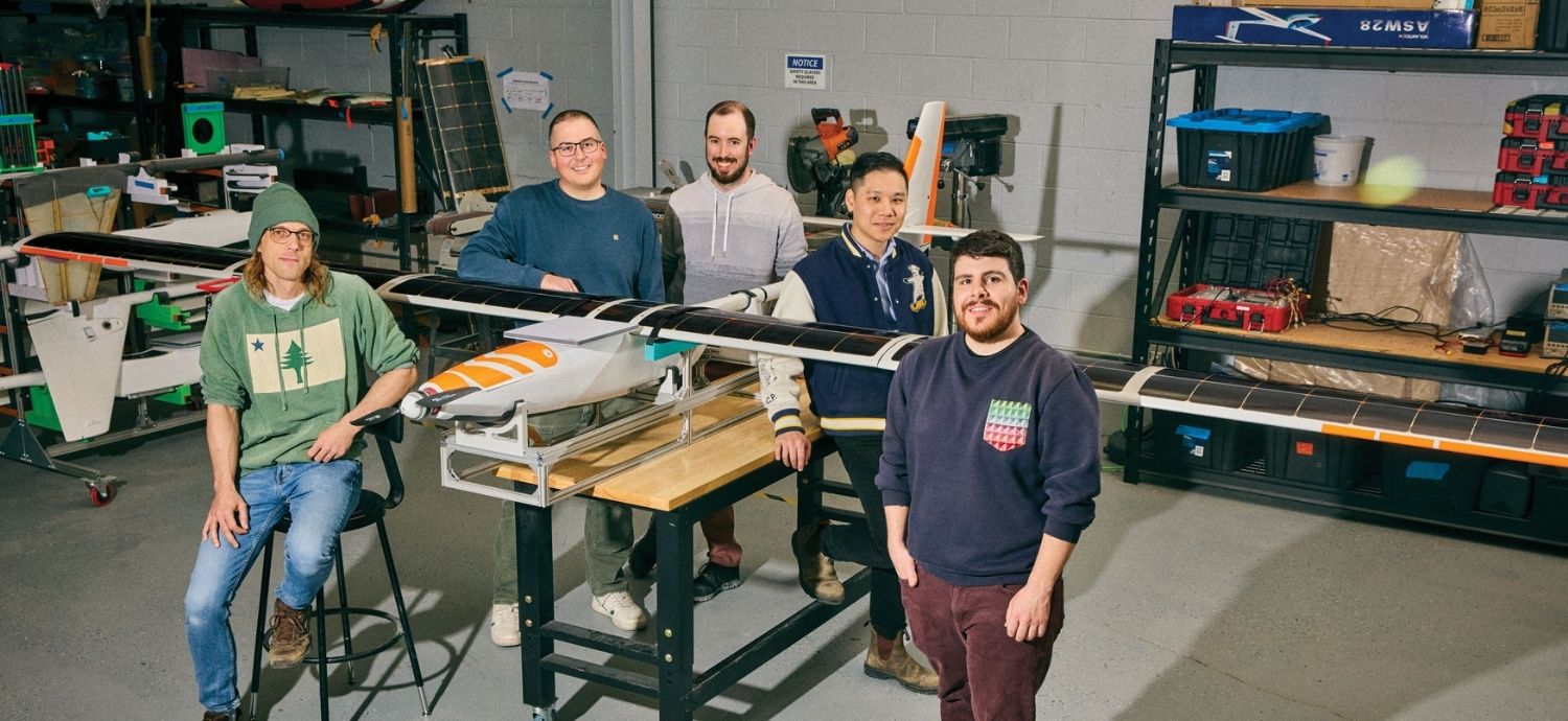 From left, Bill Bissonnette, Travis Krebs, MIchael Melville, Alton Yeung and Devin Barcelos standing with their drone.