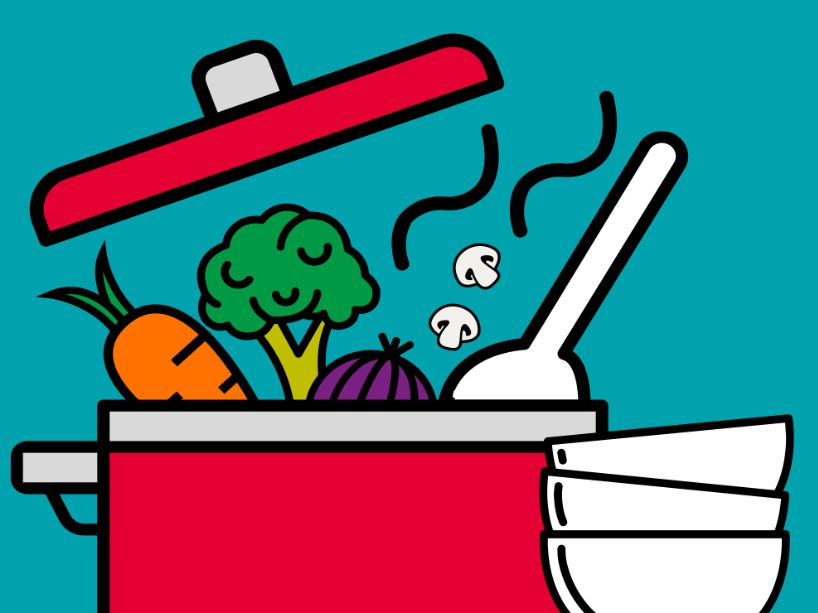 A red pencil case open on a teal background, holding a green and orange cartoon pencil, a white eraser, and a white brush-like object.