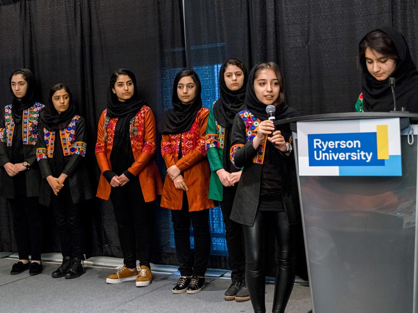 The Afghan Girls Robotics Team spoke at the Mattamy Athletic Centre on March 16