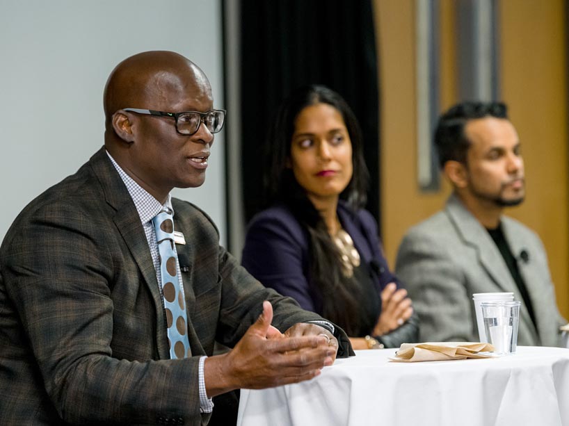From left: Eddie Moore, Ritu Bhasin and Jeewan Chanicka discussed white privilege at the March 2018 Soup & Substance