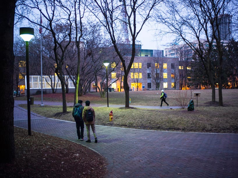 Home to students, a workplace for faculty and staff, the campus lights up as the day closes