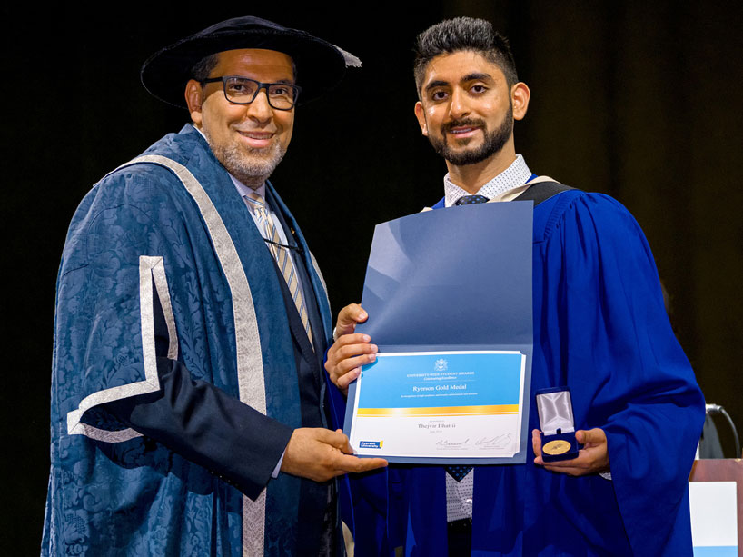 President Lachemi, left, presents Thejvir Bhattii with the Ryerson gold medal at convocation